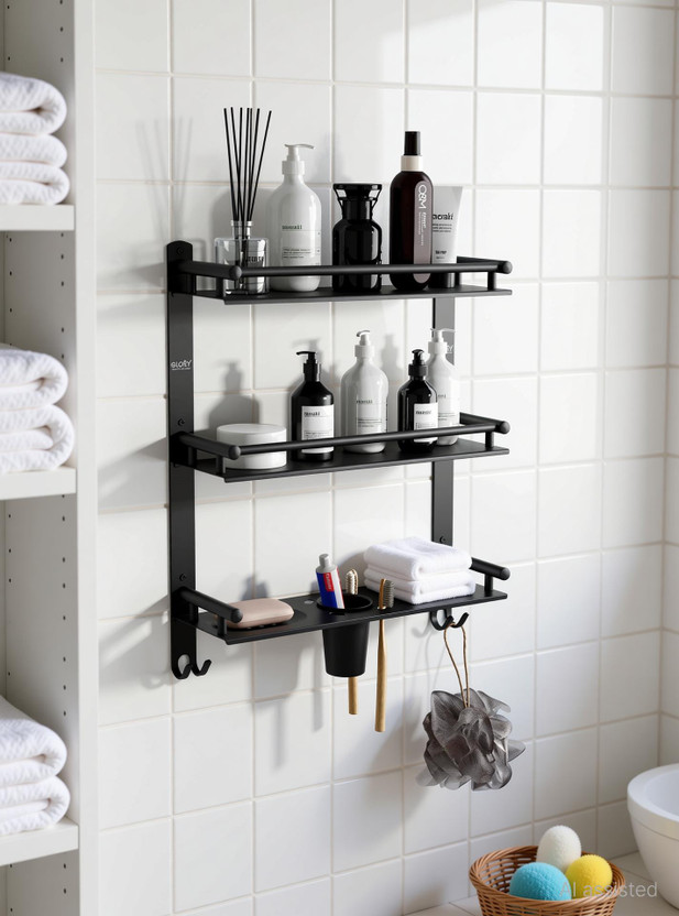 GLOXY by GLOXY 3 Layer Multipurpose Shelf with Double Soap Dish & Toothbrush/toothpaste holder Black Towel Holder(Stainless Steel)