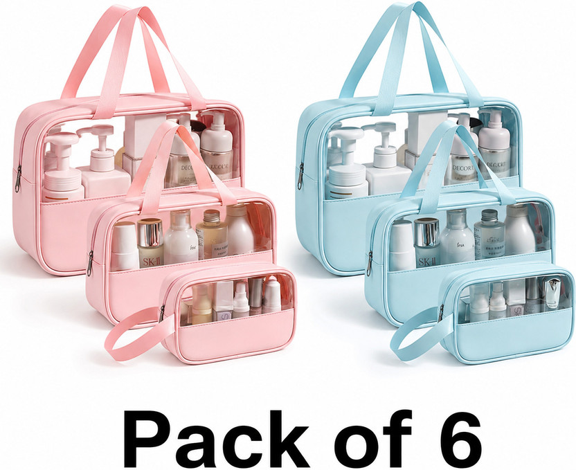 Hitansh Enterprise Cosmetic Bag Pouch Transparent Pvc Wash Bag Set Of 6 Travel Toiletry Kit(Pink, Blue)