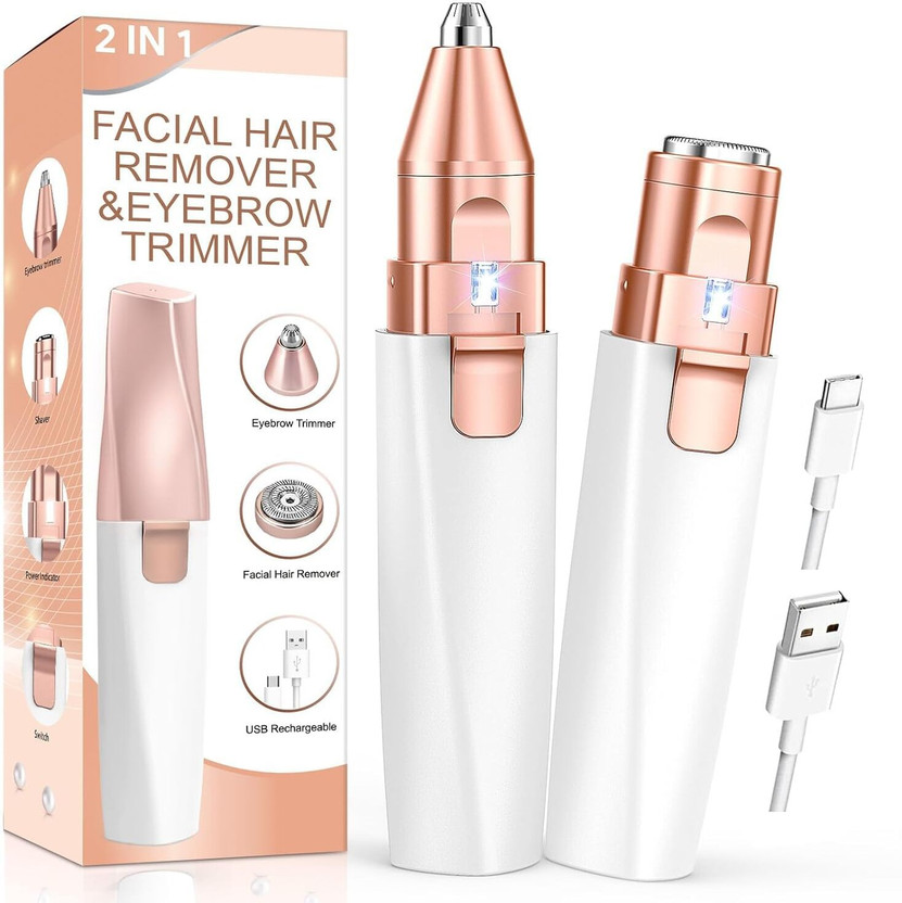 Yiveko 2-in-1 Facial Hair Remover & Eyebrow Trimmer for Women | USB Rechargeable Painless Face Hair Removal Device | Eyebrow Shaper, Upper Lip, Chin & Peach Fuzz Remover with LED Light (Rose Gold) Cordless Epilator(Gold)