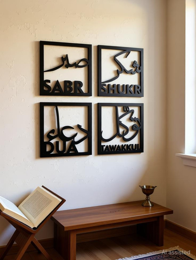 ELITE EXCLUSIVE SABR, SHUKR, DUA, TAWAKKUL Wooden Islamic Wall Decor for Home/Wooden Wall Piece(20 cm X 20 cm, Black)