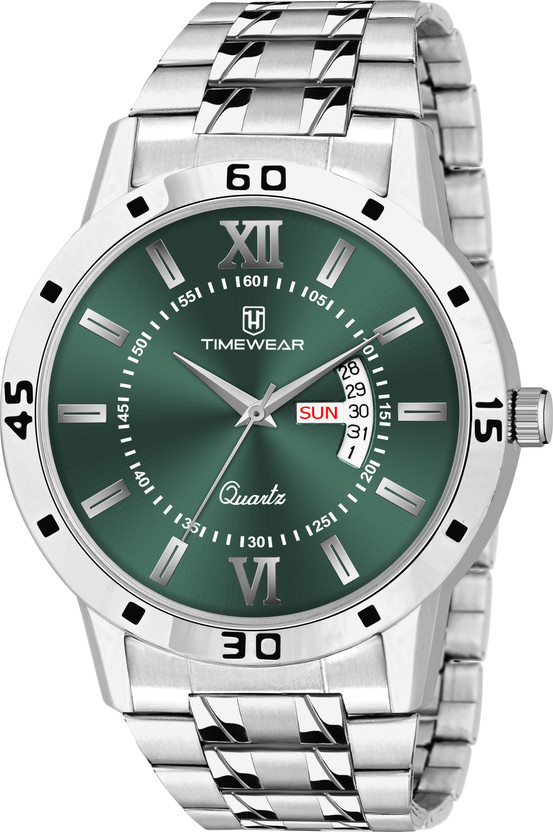 TIMEWEAR 334GDTG Green Roman Dial Day Date Functioning Stainless Steel Chain Analog Watch  - For Men