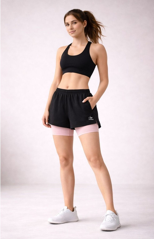 HOUSE OF FUSION Solid Women Black, Pink Gym Shorts