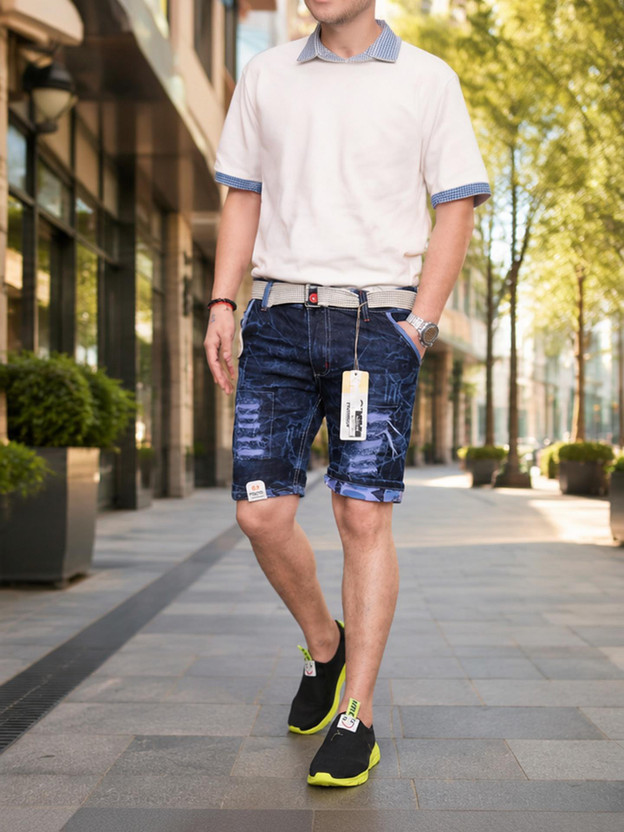QFA Dyed/Washed Men Denim Dark Blue Denim Shorts