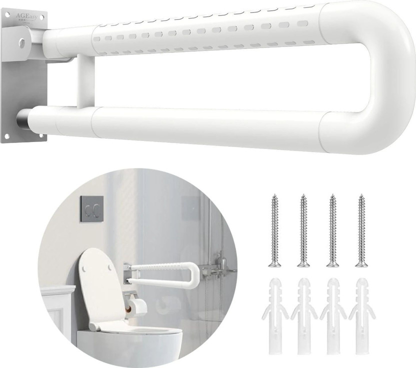 AGEasy (Max Group)Flip-Up, AntiRust, Toilet Grab Bar with Floor Support (25 inches), Shower Grab Bar(Nylon 43 cm)