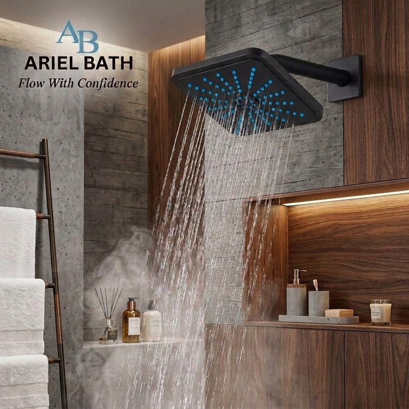 Ariel Bath 5x5 Rain Shower with Arm & wall Flange Matt Black(B) Shower Head