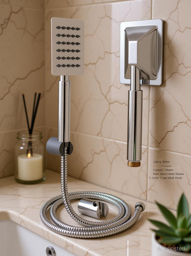 Ramya Ultra Slim Steel Square Rain Spray Hand Shower With 1.5mtr Tube and Wall Hook Shower Head