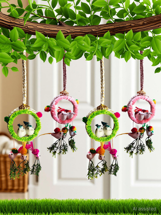 The Shine Store Artificial Bird Nest Jute Rope Hanging Décor Home Decoration Decorative Showpiece  -  32 cm(Jute, Plastic, Feather, Green, Pink)