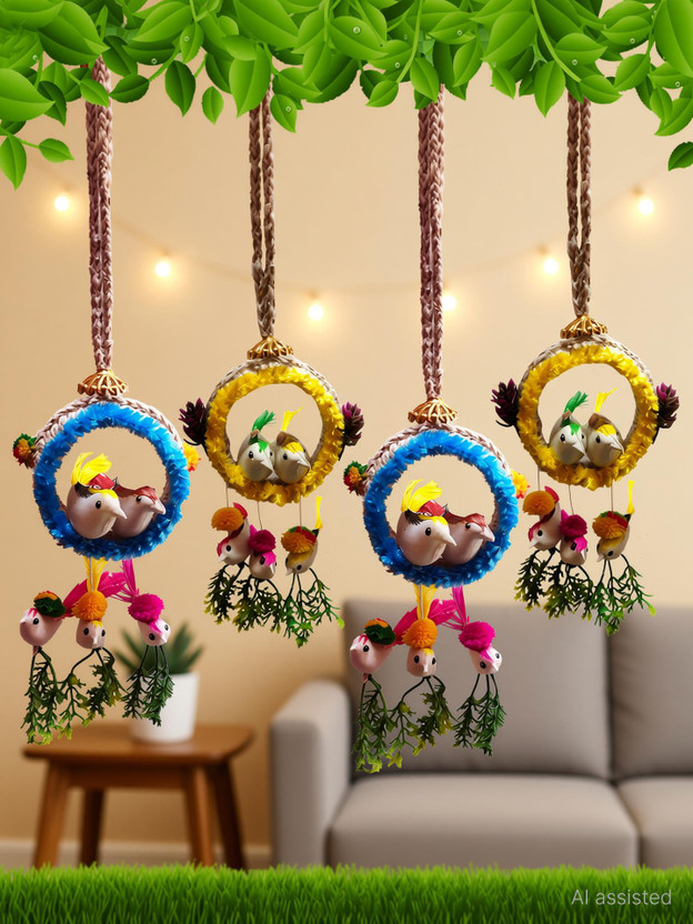 The Shine Store Artificial Bird Nest Jute Rope Hanging Décor Home Decoration Decorative Showpiece  -  32 cm(Jute, Plastic, Feather, Blue, Yellow)