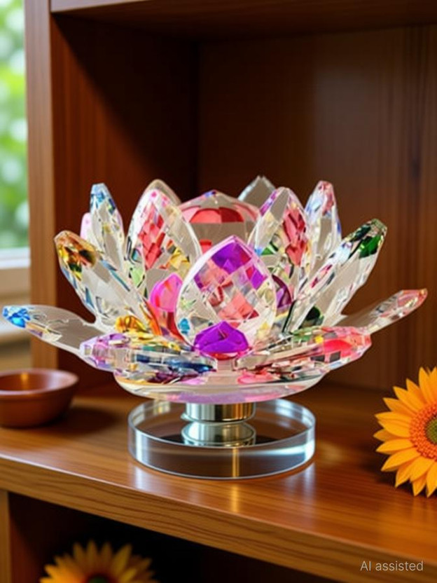 FLORID Crystal Lotus Flower On Stand with Rotating Base Multi Colorful (1 Piece) for Positive Energy and Good Luck Home Decoration Items Gifts Decorative Showpiece  -  10 cm(Glass, Multicolor)