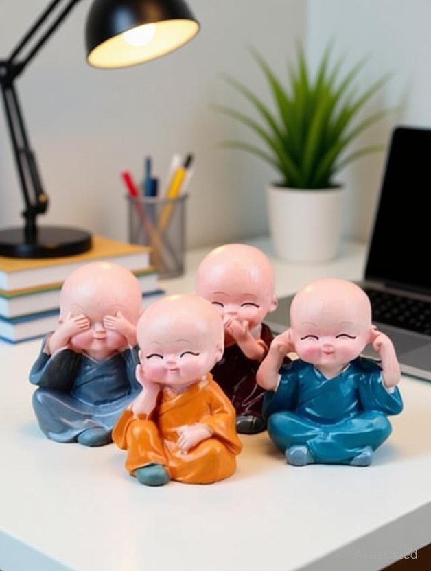 Manthan Baby Monk Buddha Set Of 4 Statue for Home Office Car Dashboard Decorative Showpiece  -  4 cm(Polyresin, Multicolor)