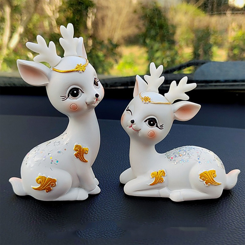 Elegant Lifestyle Adorable Twin Deer Statues with Gold Accents – Home Decor Gift Set Decorative Showpiece  -  10 cm(Polyresin, White)