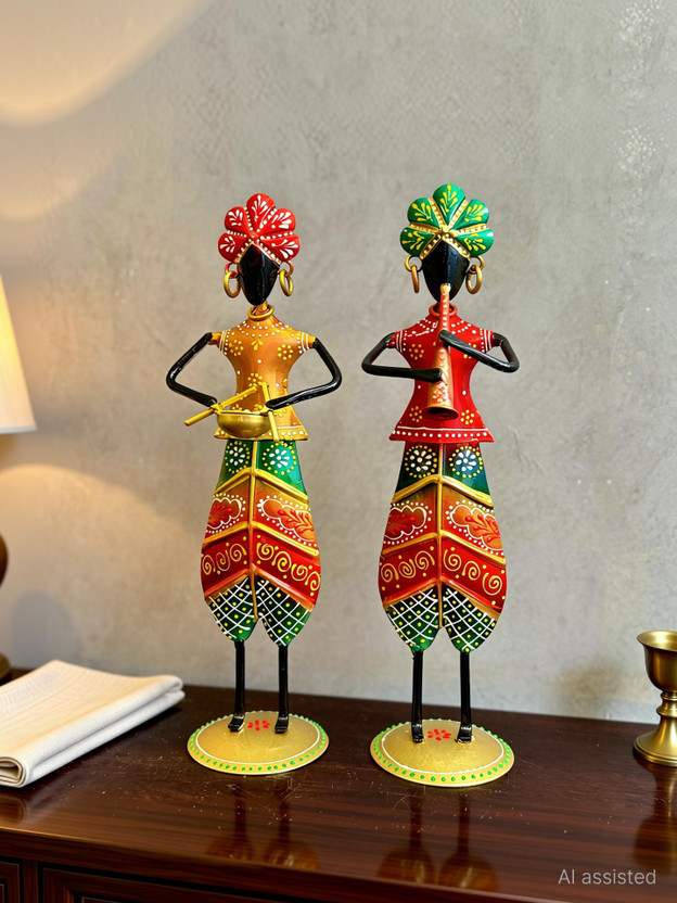 Handicrafy Metal Rajasthani Musician Showpiece Pair Decorative Showpiece  -  30 cm(Metal, Multicolor)