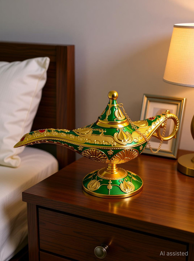 Elegant Lifestyle Vintage Aladdin Chirag Lamp, Luxurious Metal Jewelry Box Gift for Birthday Home Decorative Showpiece  -  12 cm(Metal, Gold, Green)
