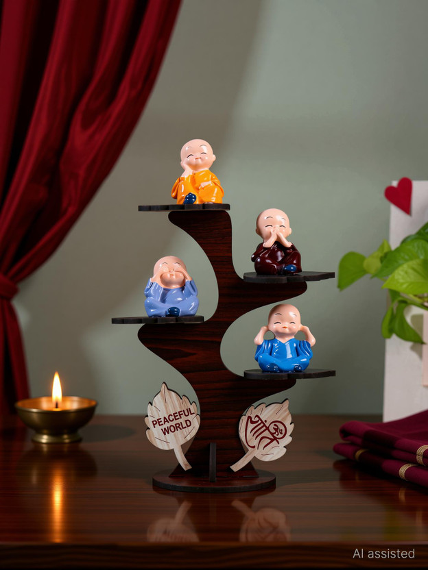 Floweraura Set of 4 Buddha Monk Figurines With Stand For Home & Office Decor Decorative Showpiece  -  20 cm(Wood, Multicolor)