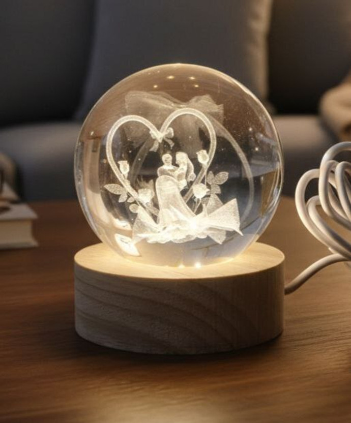 Sharma Sharma Ji 3D Crystal Ball Night Light | Couple Heart Love Decorative Showpiece  -  6 cm(Glass, White) - Flipkart Deal