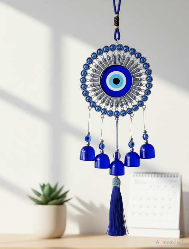 Radhe Krishana Evil Eye Wind Chime with 5 Bells – Nazar Battu FOR OFFICE,CAR Home GIFTS Decorative Showpiece  -  25 cm(Metal, Multicolor)