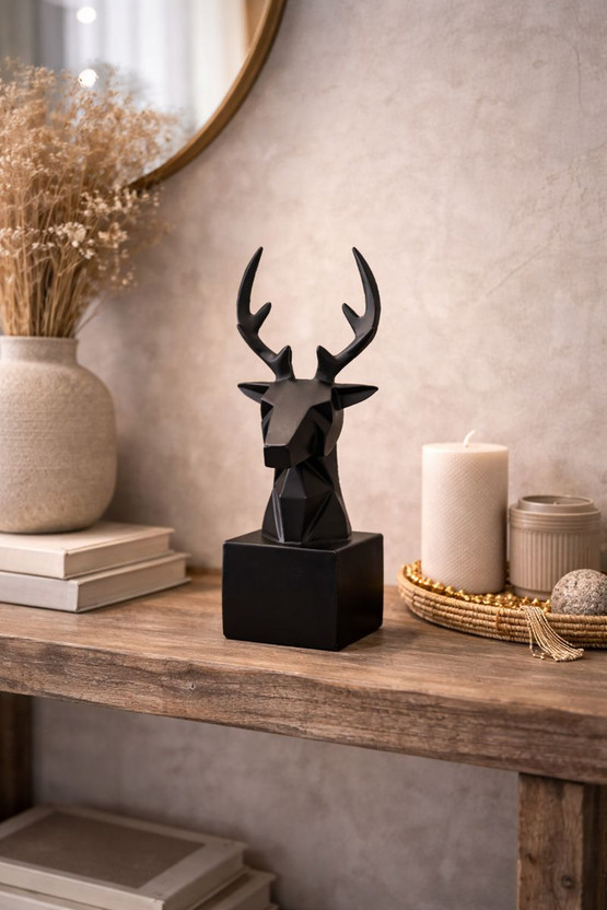 INNOV Premium Matte Black Geometric Deer Head Showpiece for Home & Office Decor Decorative Showpiece  -  21.5 cm(Ceramic, Resin, Black)