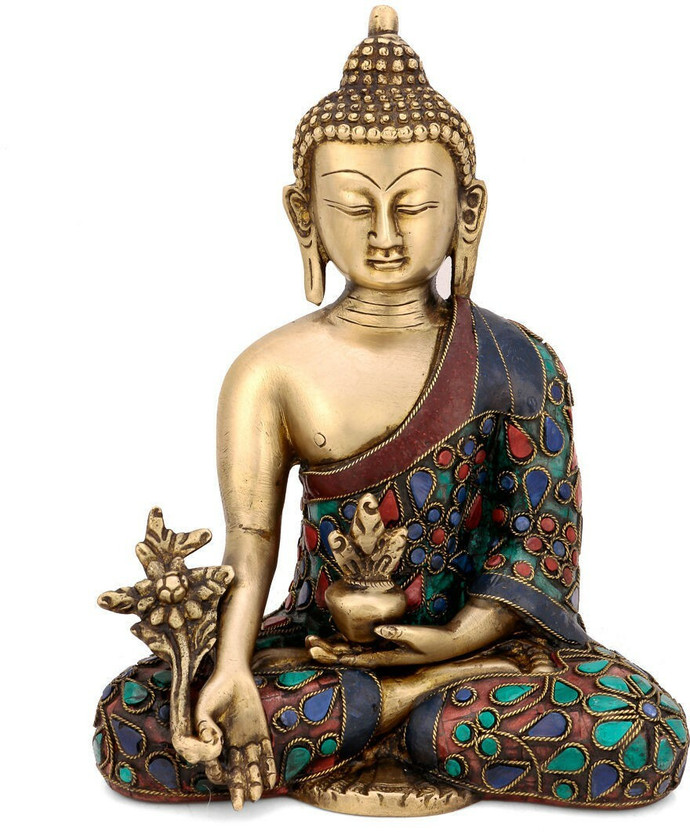 Collectible India Medicine Buddha Idol Tibetan Buddhist Deity Brass Turquoise Statue Buddhist Home Decor Decorative Showpiece  -  20 cm(Brass, Multicolor)