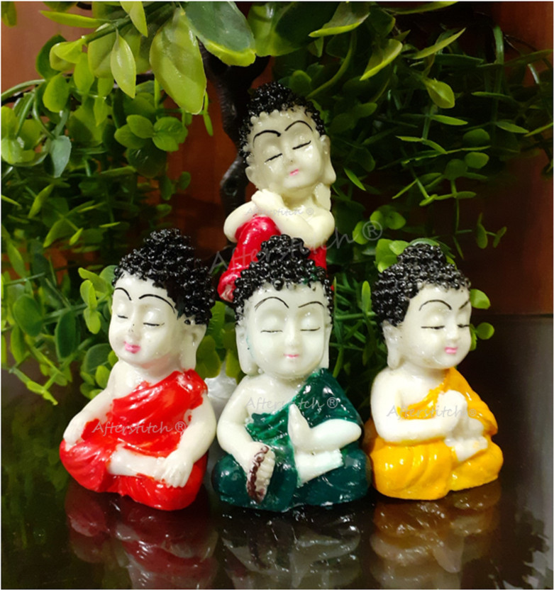 Spreading Smiles baby buddha monk set of 4 showpiece for home office car deshboard décor statue Decorative Showpiece  -  5.5 cm(Polyresin, Blue, Yellow, Red, Pink)