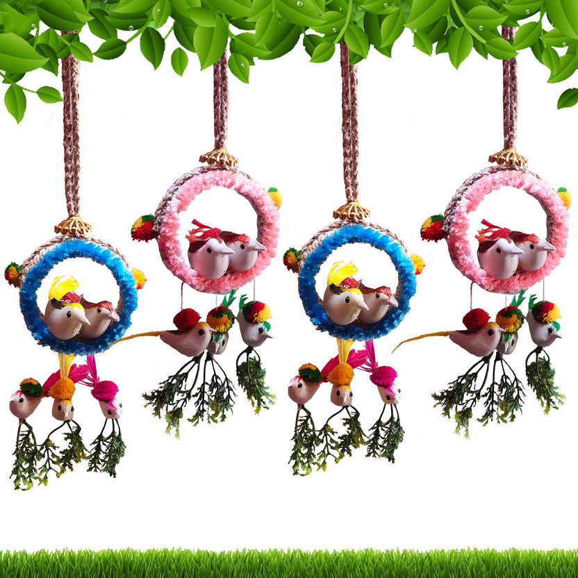 The Shine Store Artificial Bird Nest Jute Rope Hanging Décor Home Decoration Decorative Showpiece  -  32 cm(Jute, Plastic, Feather, Blue, Pink)