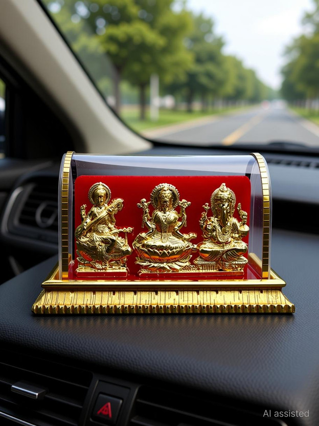 INTERNATIONAL GIFT Gold Plated Laxmi Ganesh Saraswati Idol In Acrylic Box | For Car Dashboard Decorative Showpiece  -  12 cm(Metal, Multicolor)
