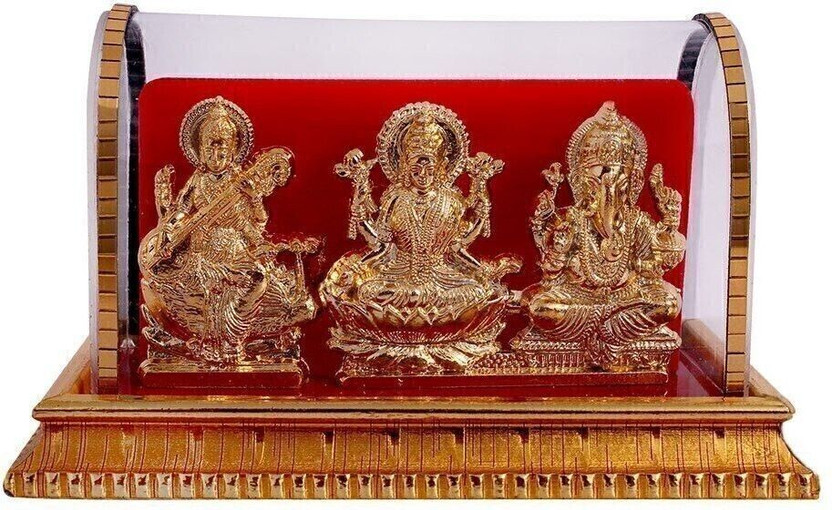 INTERNATIONAL GIFT Gold Plated Laxmi Ganesh Saraswati Idol In Acrylic Box | For Car Dashboard Decorative Showpiece  -  12 cm(Metal, Multicolor)
