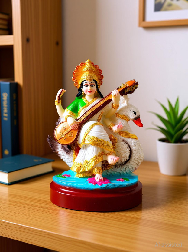 Green Value Goddess Saraswati Idol Maa Saraswati Murti Statue For Home Pooja Room Mandir Decorative Showpiece  -  19 cm(Polyresin, Multicolor)