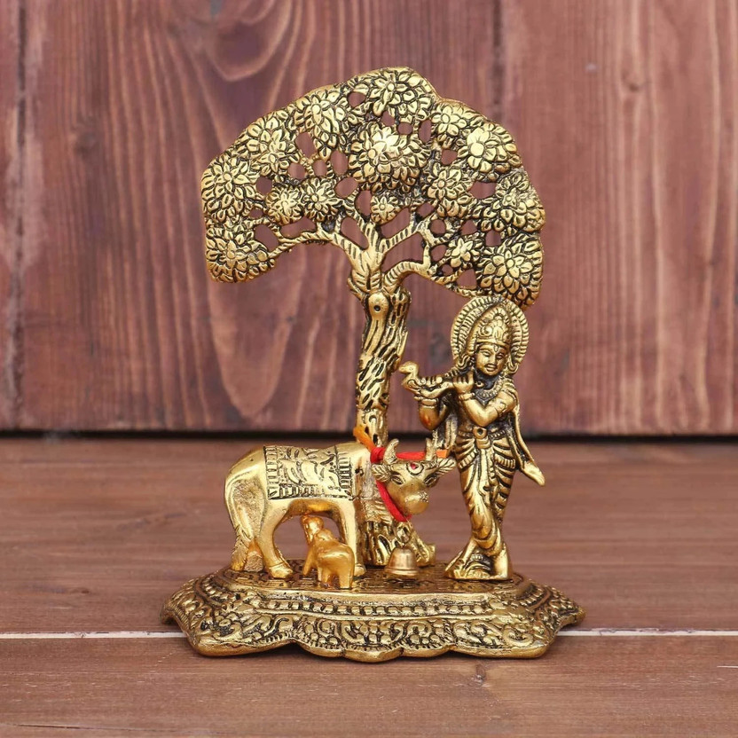 Chhariya Crafts Metal Krishna with Cow Standing Under Tree Plying Flute Decorative Showpiece  -  17 cm(Metal, Gold)