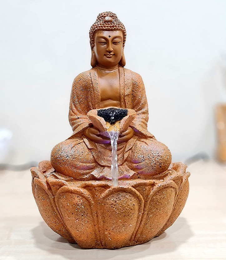 statue world Buddha Water Fountain, Meditation Lotus Base, Bronze-Finish Decorative Showpiece  -  39 cm(Resin, Brown)
