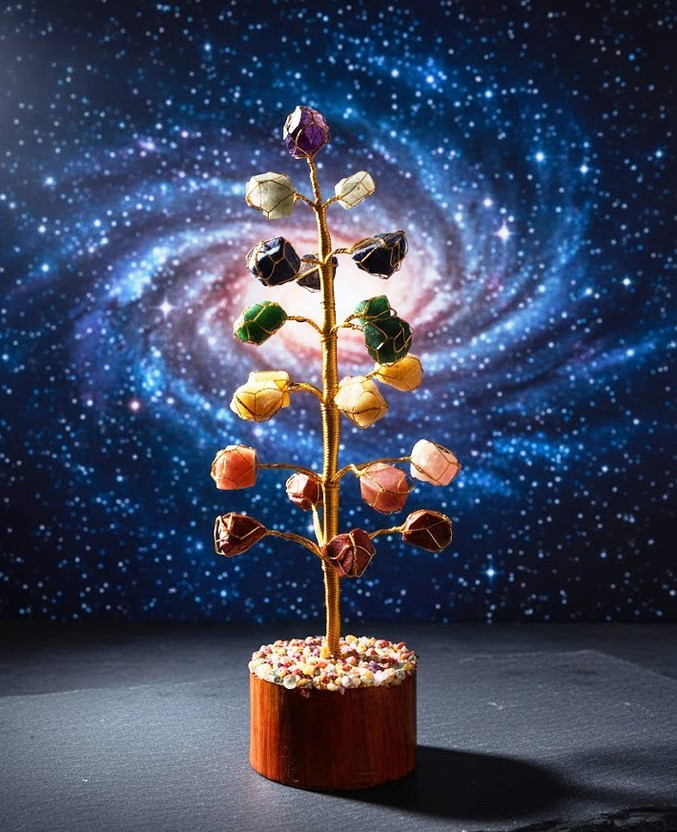 ABABILCRYSTAL Natural Seven Chakra Raw Crystal Healing Tree with Wooden Base Decorative Showpiece  -  25 cm(Crystal, Multicolor)