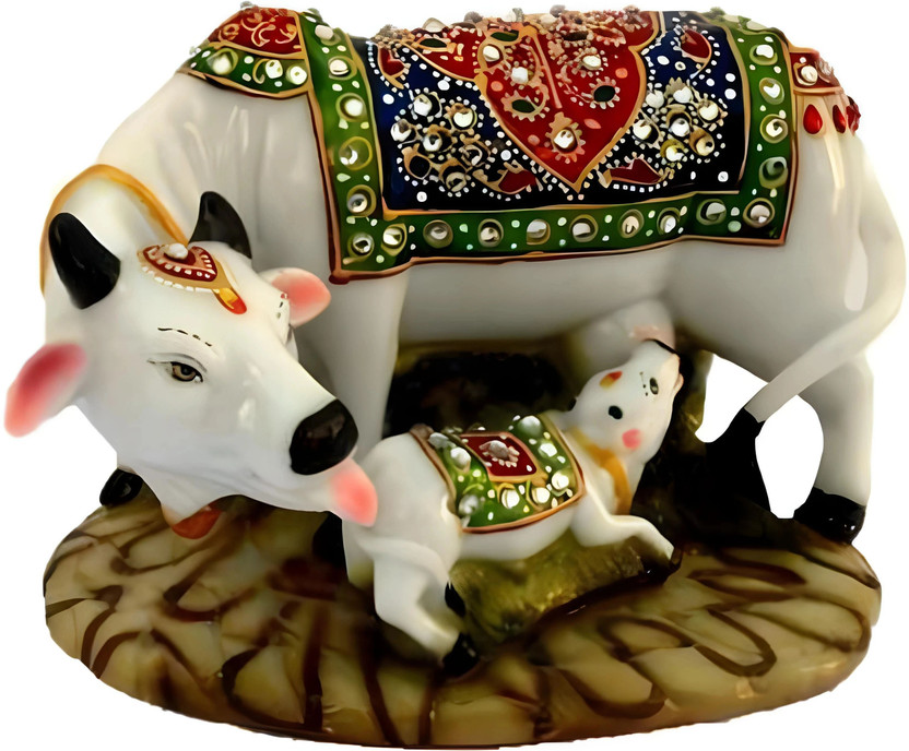 AtEvent Kamdhenu Cow and Calf Positive Energy Idol Decorative Showpiece  -  8.5 cm(Polyresin, Marble, Multicolor)