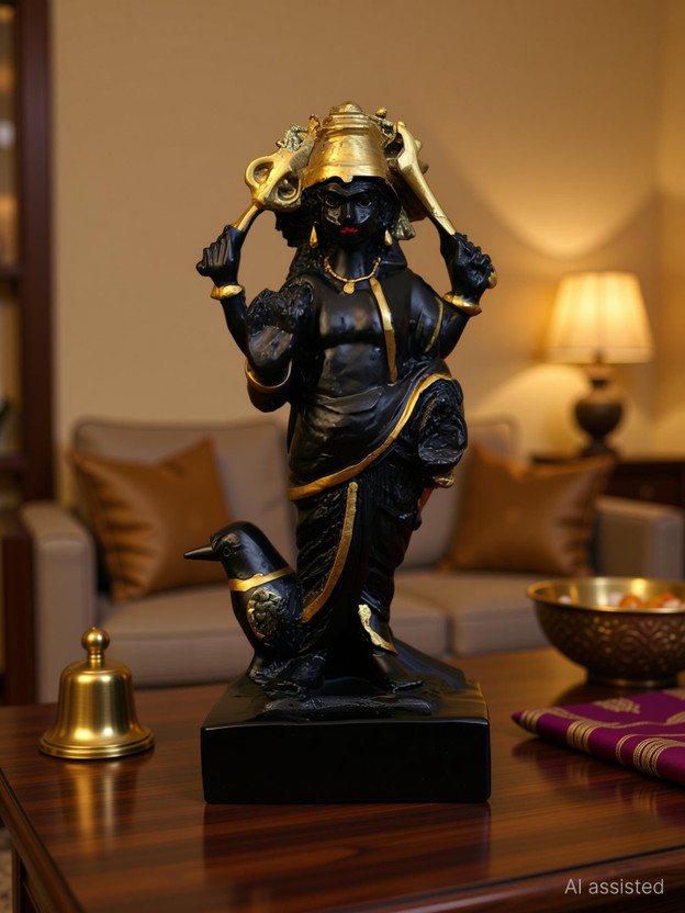 HUBZONES Marble Lord Shani dev God Idol Handicraft Statue Spiritual Puja Vastu Fegurine Decorative Showpiece  -  20 cm(Polyresin, Black)
