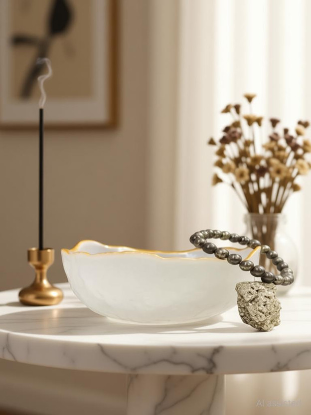 MIRAN AGATE Selenite Resin Money Bowl & Pyrite Energy Combo Pack Bracelet & Raw (3 Pieces) Decorative Showpiece  -  10 cm(Stone, White)