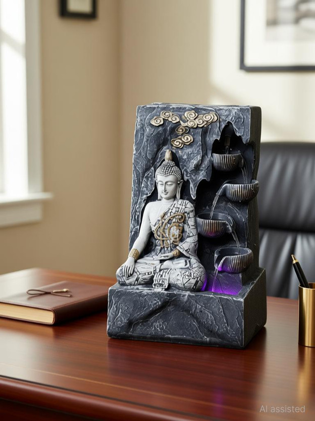 ANAVADYA ANAVADYA Tabletop LED Water Fountain Buddha for Home, Office Decor & Meditation Decorative Showpiece  -  43 cm(Polyresin, Grey, White, Purple, Black)