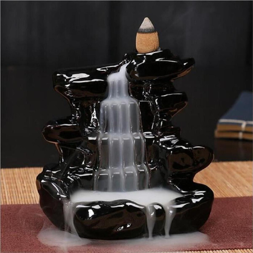 Artisyn Fountain Design Smoke Backflow Cone Incense Holder with Cone Incenses Decorative Showpiece  -  12 cm(Polyresin, Black)