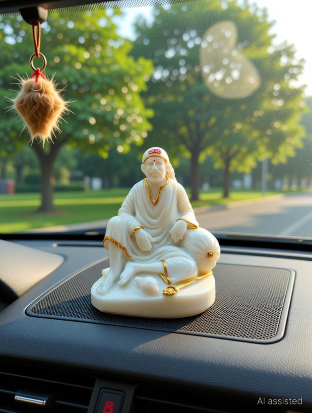 shinde exports Shirdi Sai Baba Marble Statue/Idol/murti for car Dashboard/Pooja Room Worship Decorative Showpiece  -  11 cm(Marble, White, Gold)