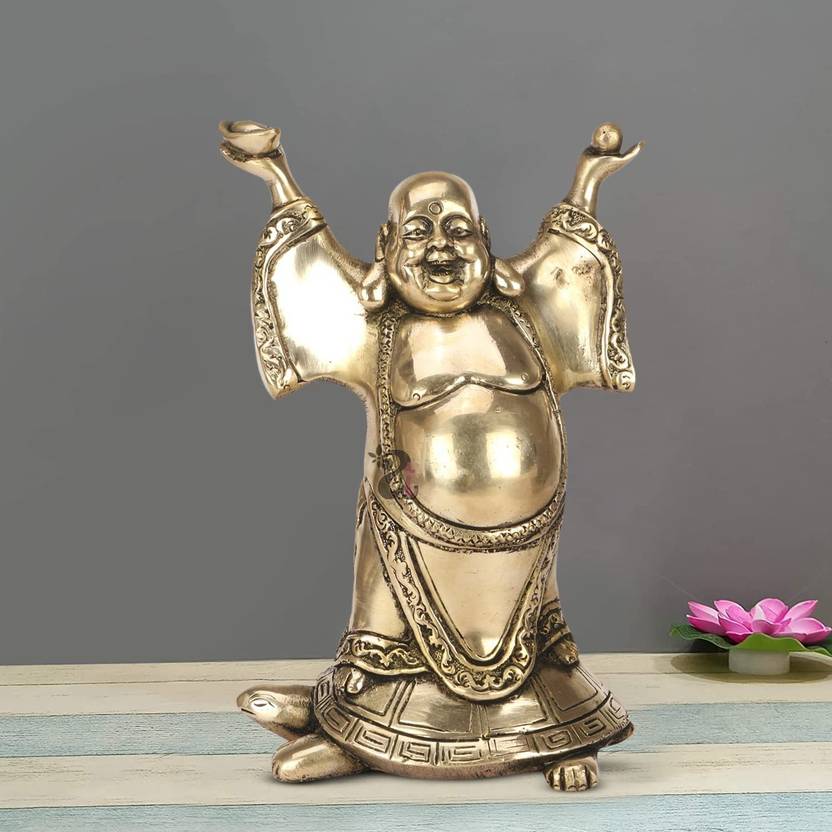 Brass statue villa Feng Shui Laughing Buddha Standing on Tortoise Brass