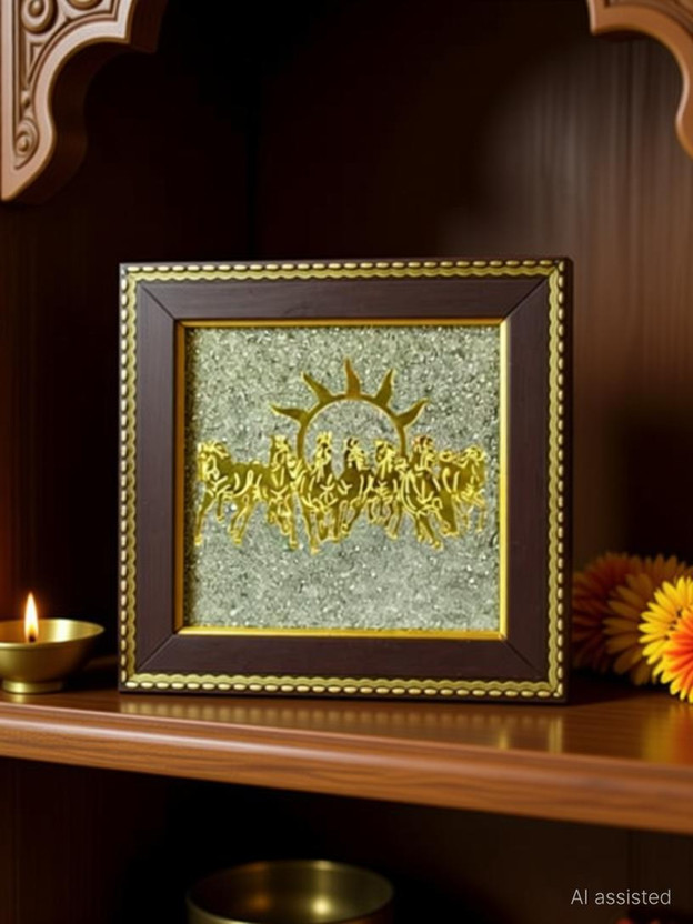 Multiagate Seven Horses on Raw Pyrite Frame with Sun (Vastu) | Original Decorative Showpiece  -  17 cm(Stone, Gold)
