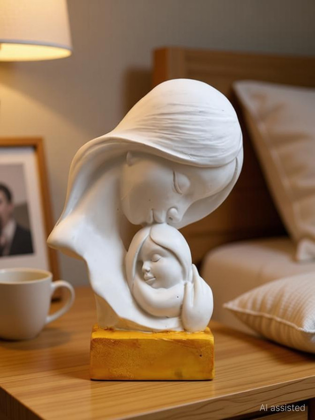 bareth brothers Elegant Mother & Child Resin Statue – White Figurine with Golden Base Decorative Showpiece  -  19 cm(Resin, White, Gold)