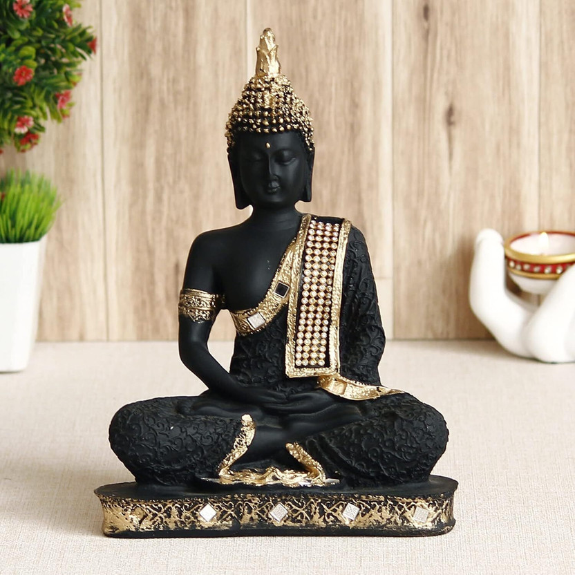 SMRK Golden Black Resin Handcrafted Meditating Lord Buddha Idol for Home Decor Decorative Showpiece  -  22 cm(Resin, Black)