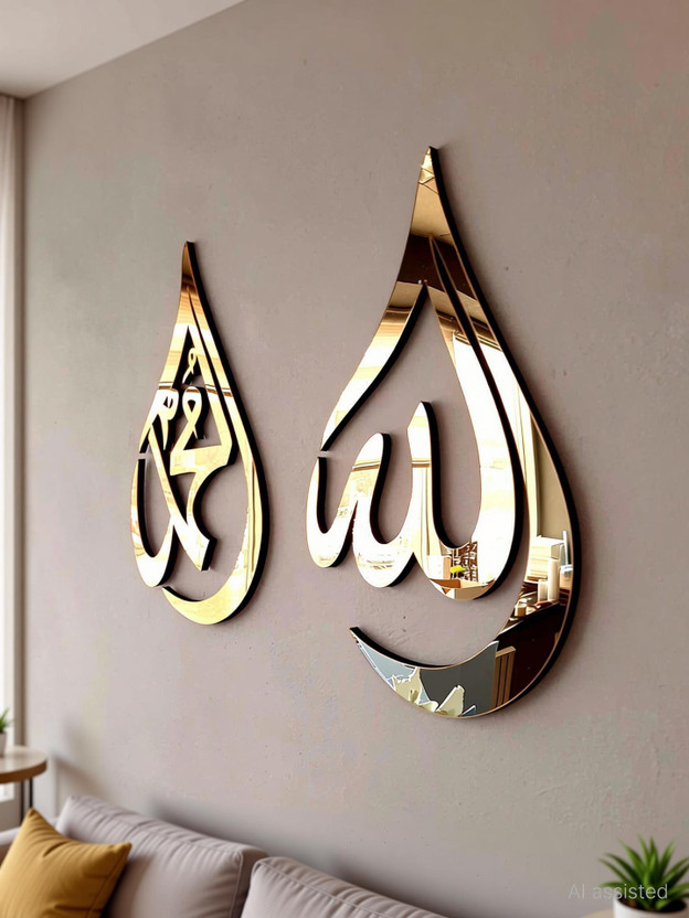 MOMIN MOMIN BAZAAR Islamic Art ALLAH MOHAMMAD WALL DECOR For living room Decorative Showpiece  -  41 cm(Wood, Gold) - Flipkart Deal