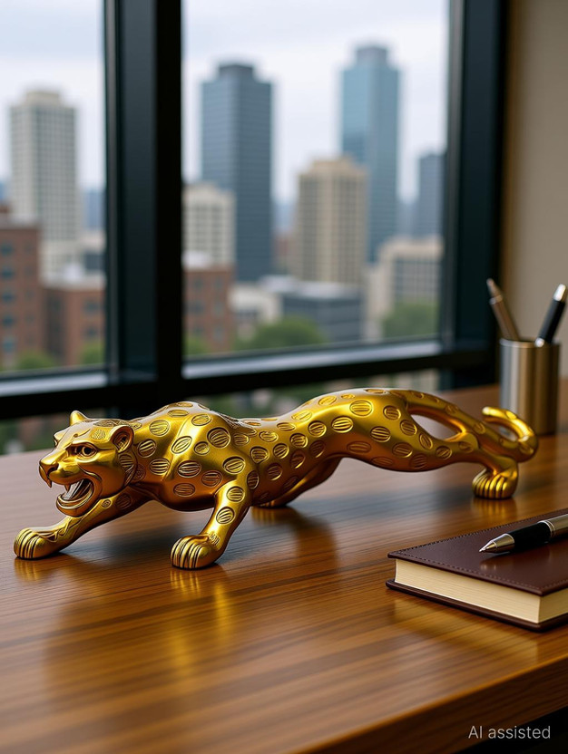 shyam lalla handicraft Creative Leopard Statue, Lucky Fengshui Cheetah Gift for Car Office Decorative Showpiece  -  26 cm(Gold Plated, Gold)