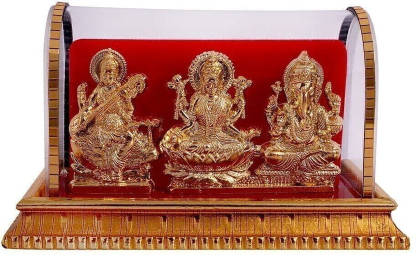 INTERNATIONAL GIFT Gold Plated Laxmi Ganesh Saraswati Idol In Acrylic Box | For Car Dashboard Decorative Showpiece  -  12 cm(Metal, Multicolor)