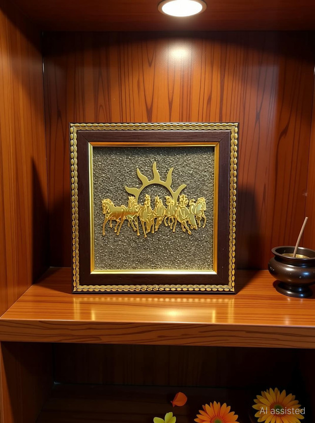 Multiagate 7 Horses on Raw Pyrite Frame - Vastu Items for Money Attraction Decorative Showpiece  -  17 cm(Stone, Gold)
