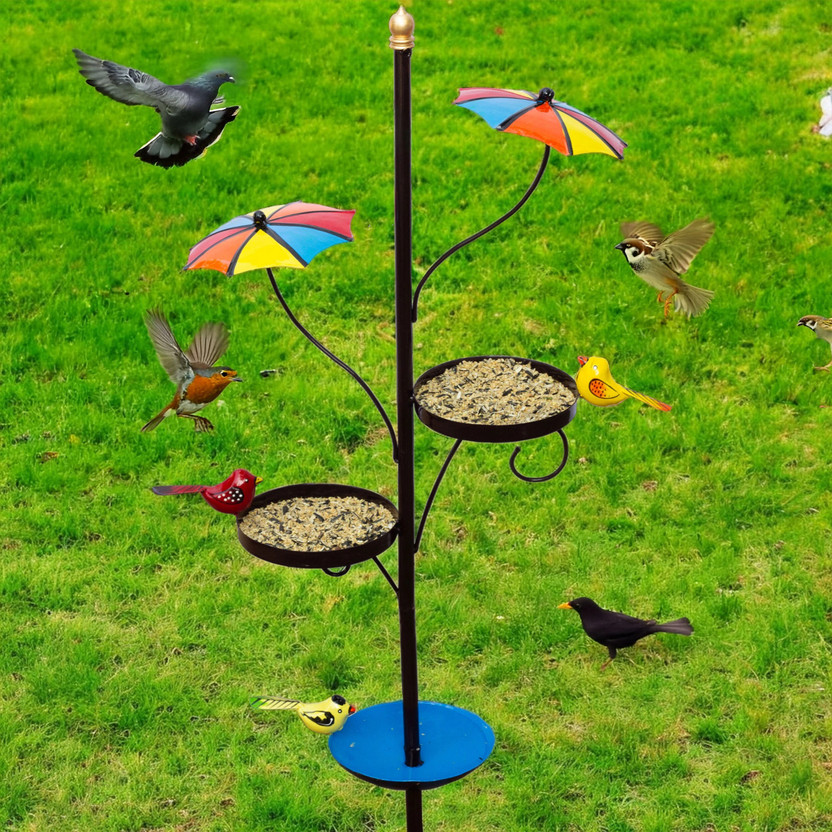 KraftsKala Outdoor Bird Feeder Water Bowl & Two Seed Trays Perfect Garden Decor Decorative Showpiece  -  104 cm(Iron, Multicolor)