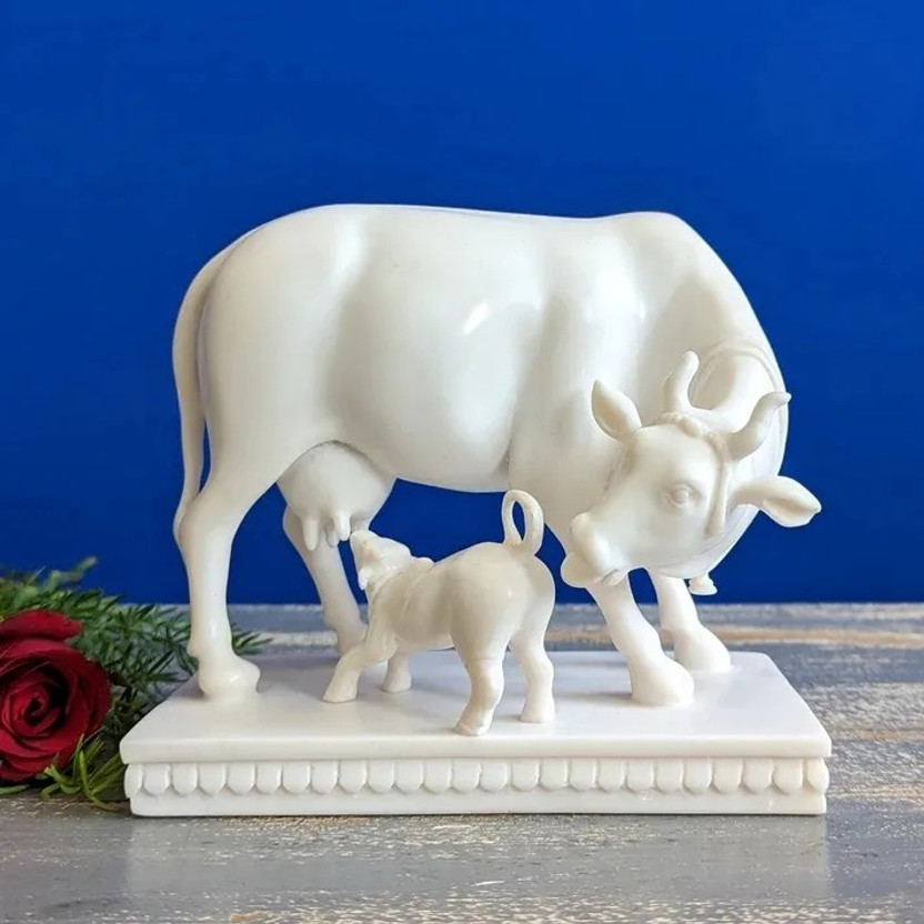 VAMIKA HANDICRAFTS khamdhenu cow and calf statue Decorative Showpiece  -  15.2 cm(Marble, White)