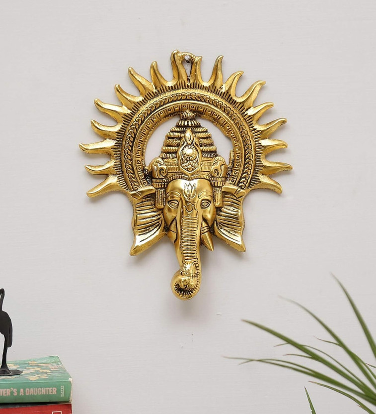 KridayKraft Ganesha ji Metal Statue,Ganpati Wall Hanging Sculpture Lord Ganesh Idol Lucky Feng Shui Wall Decor Your Home, Office,Gift Your Relatives on Diwali,Wedding Gift,Birthday Gift Article... Decorative Showpiece  -  23 cm(Metal, Gold)