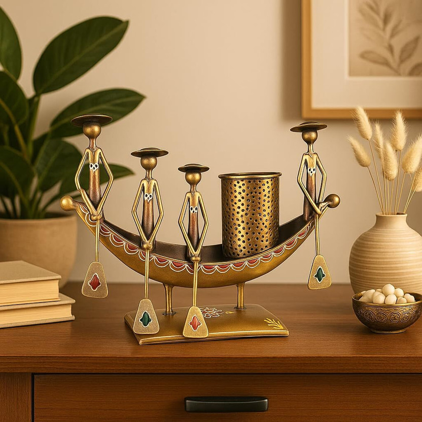 MAA BHAWANI HANDICRAFTS Boat Pen Holder, Pen Stand Decorative Showpiece  -  20 cm(Metal, Gold)