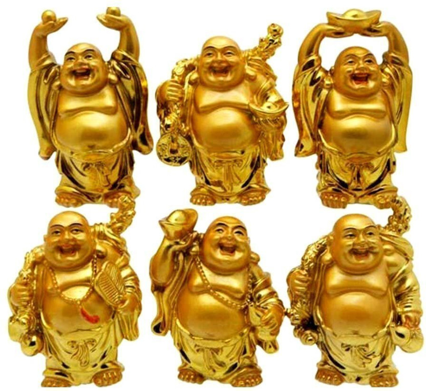 Global Reach Laughing Buddha Statue Set of 6 for Health, Happiness in your Home & Workspace Decorative Showpiece  -  6 cm(Polyresin, Gold)