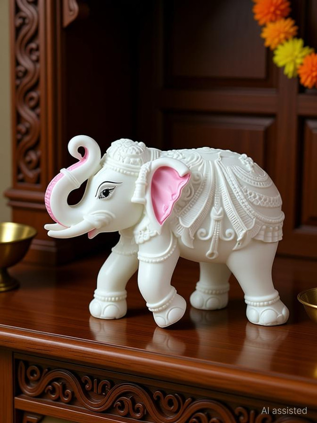 SEVLIYA TRADERS Pack of 2 White Elephant Showpieces 5x4 inch Marble Resin Home Decor Statues Decorative Showpiece  -  10.1 cm(Resin, White)